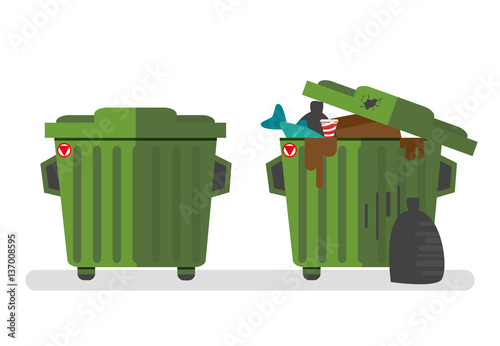 Set of two waste containers, empty and full of waste. Vector, illustration isolated on white background EPS10.