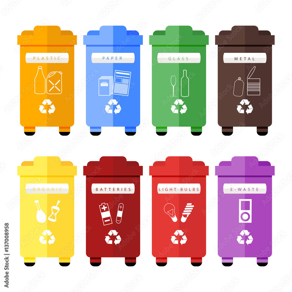 Vector set of colorful trash sorting bins for plastic, paper, glass, metal,  organic, batteries, light bulbs and e-waste. Recycling for household and  city street, hand sorting method for recycling. Stock Vector