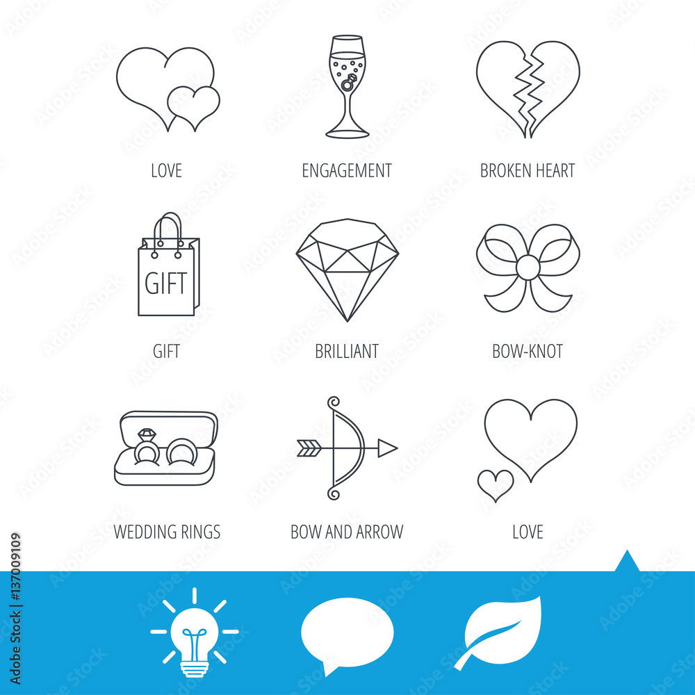 Love heart, gift box and wedding rings icons. Broken heart and engagement linear signs. Valentine amour arrow, brilliant flat line icons. Light bulb, speech bubble and leaf web icons. Vector Love heart, gift box and wedding rings icons. Broken heart and engagement linear signs. Valentine amour arrow, brilliant flat line icons. Light bulb, speech bubble and leaf web icons. Vector