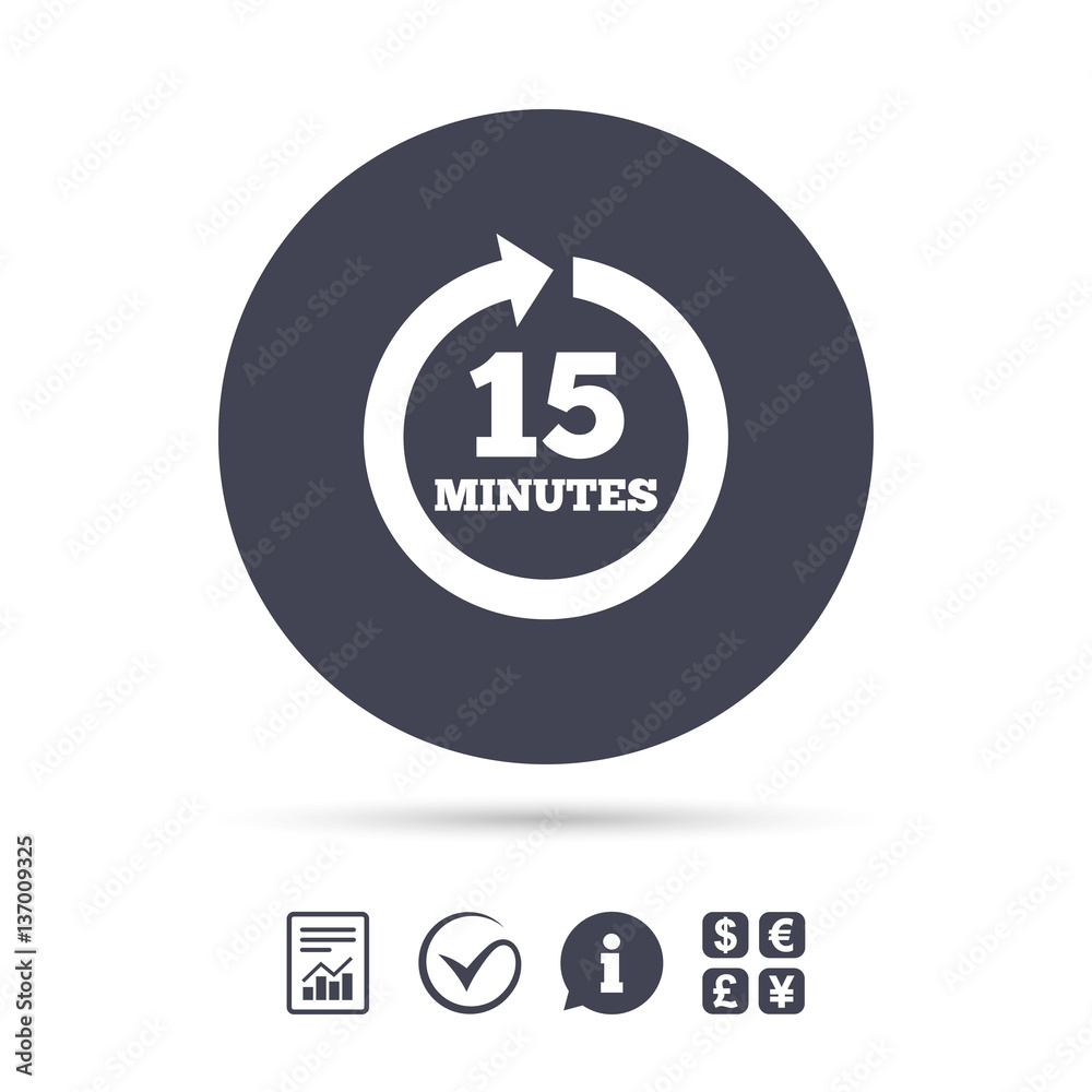 Every 15 minutes sign icon. Full rotation arrow. Every 15 minutes sign icon. Full rotation arrow.