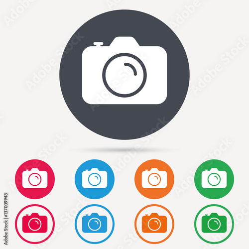 Camera icon. Professional photocamera symbol. Round circle buttons. Colored flat web icons. Vector