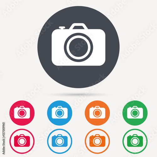 Camera icon. Professional photocamera symbol. Round circle buttons. Colored flat web icons. Vector