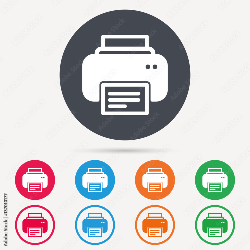 Printer icon. Print documents technology symbol. Round circle buttons. Colored flat web icons. Vector Printer icon. Print documents technology symbol. Round circle buttons. Colored flat web icons. Vector
