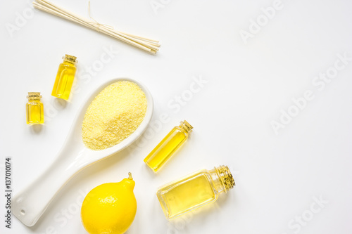 Spa with oil and salt on white background top view mockup