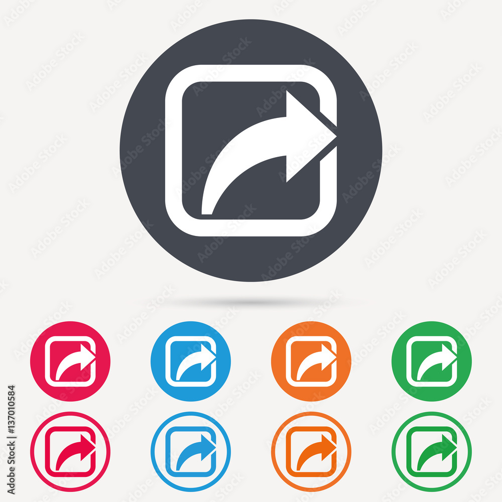 Share icon. Send social media information symbol. Round circle buttons. Colored flat web icons. Vector Share icon. Send social media information symbol. Round circle buttons. Colored flat web icons. Vector