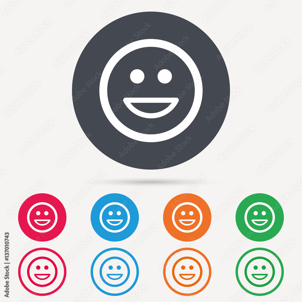 Fototapeta premium Happy smile icon. Smiley laugh emoticon symbol. Round circle buttons. Colored flat web icons. Vector