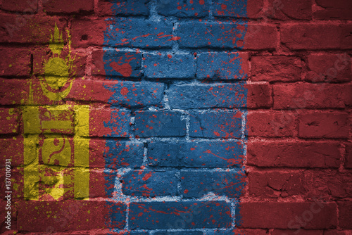 painted national flag of mongolia on a brick wall