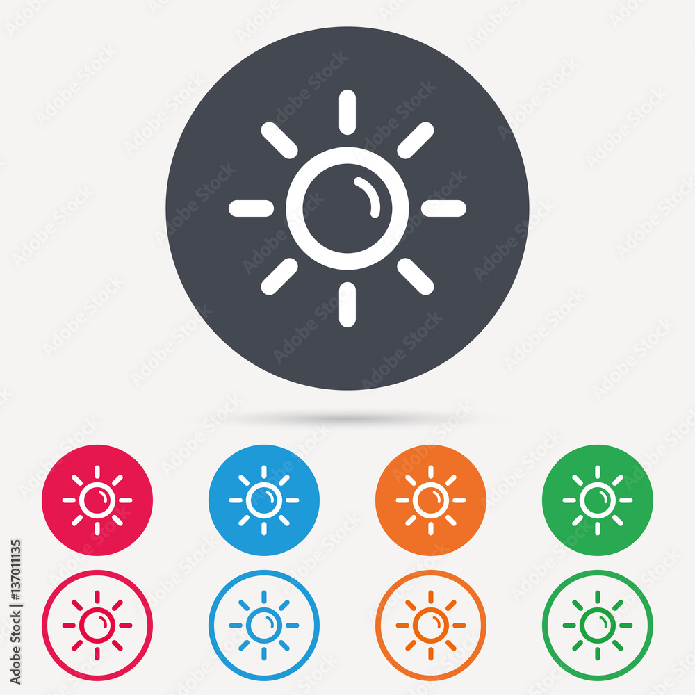 Sun icon. Sunny weather symbol. Round circle buttons. Colored flat web icons. Vector Sun icon. Sunny weather symbol. Round circle buttons. Colored flat web icons. Vector