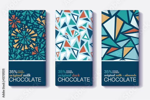 Vector Set Of Chocolate Bar Package Designs With Vintage Geometric Mosaic Patterns. Editable Packaging Template Collection.