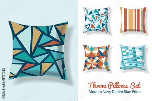 Set Of Throw Pillows In Matching Unique Vintage Abstract Geometric Triangles Seamless Patterns. Square Shape. Editable Vector Template.