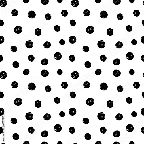 Vector Abstract Hand Drawn Black and White Ink Polka Dot Pattern With Fun Circles. Great for vintage fabric, cards, invitations, clothing, packaging, scrapbooking, wallpaper.