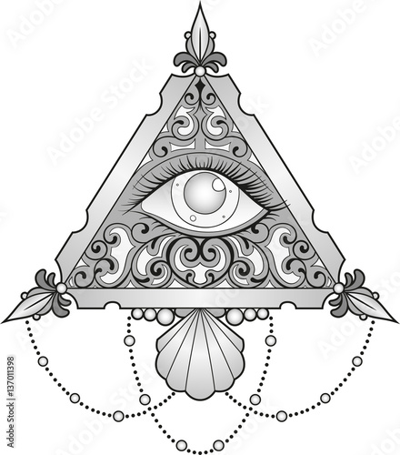 Vector illustration of a grayscale eye inside a decorated triangle