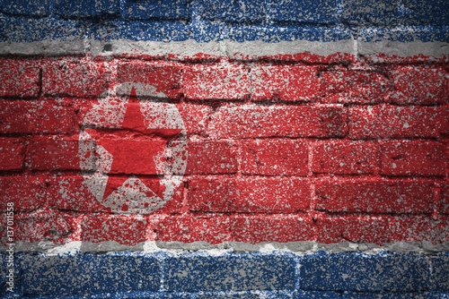 painted national flag of north korea on a brick wall