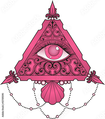 Vector illustration of a grayscale eye inside a decorated triangle