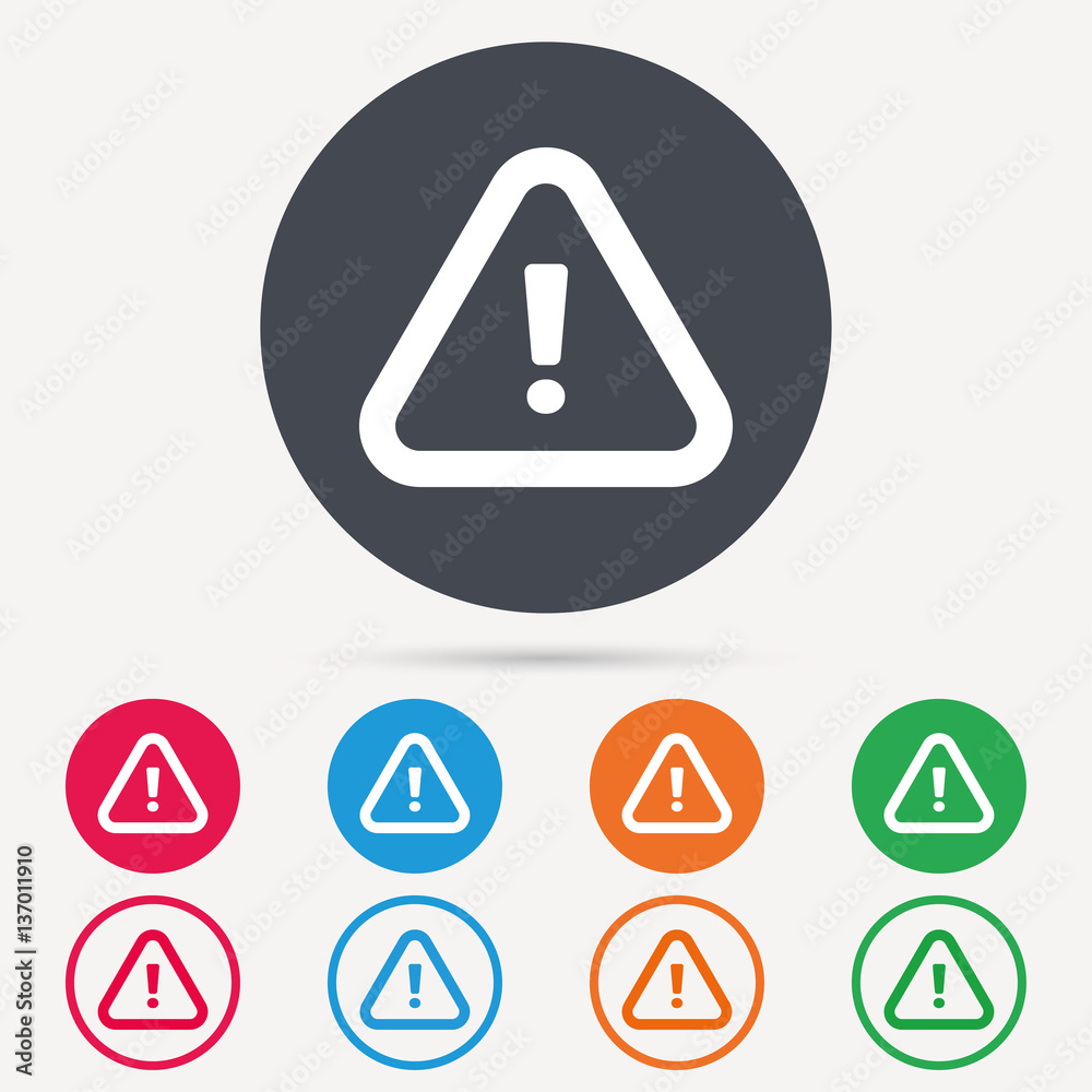 Warning icon. Attention exclamation mark symbol. Round circle buttons. Colored flat web icons. Vector Warning icon. Attention exclamation mark symbol. Round circle buttons. Colored flat web icons. Vector