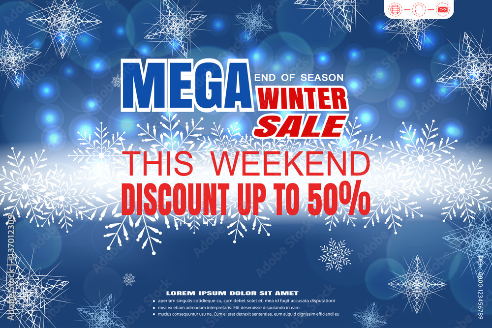 Φωτογραφία Vector wide poster of Winter mega sale on the gradient blue background with snowflakes and glow in the center
