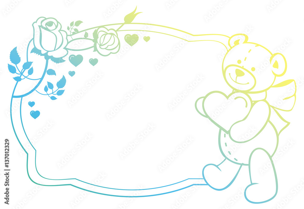 Oval gradient label with outline roses and cute teddy bear holding heart. Oval gradient label with outline roses and cute teddy bear holding heart.