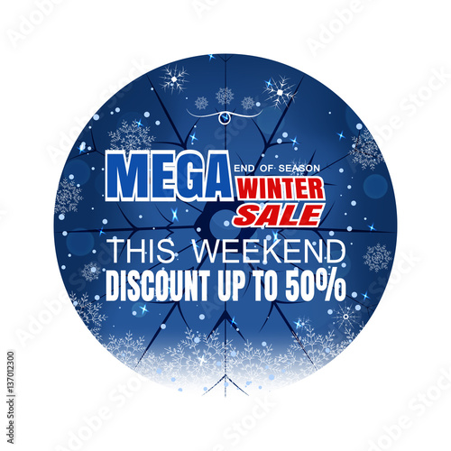 Vector poster of Winter mega sale on the gradient blue background with circle cutout, snowflakes and snowfall.