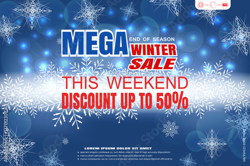 Vector wide poster of Winter mega sale on the gradient blue background with snowflakes and glow in the center.