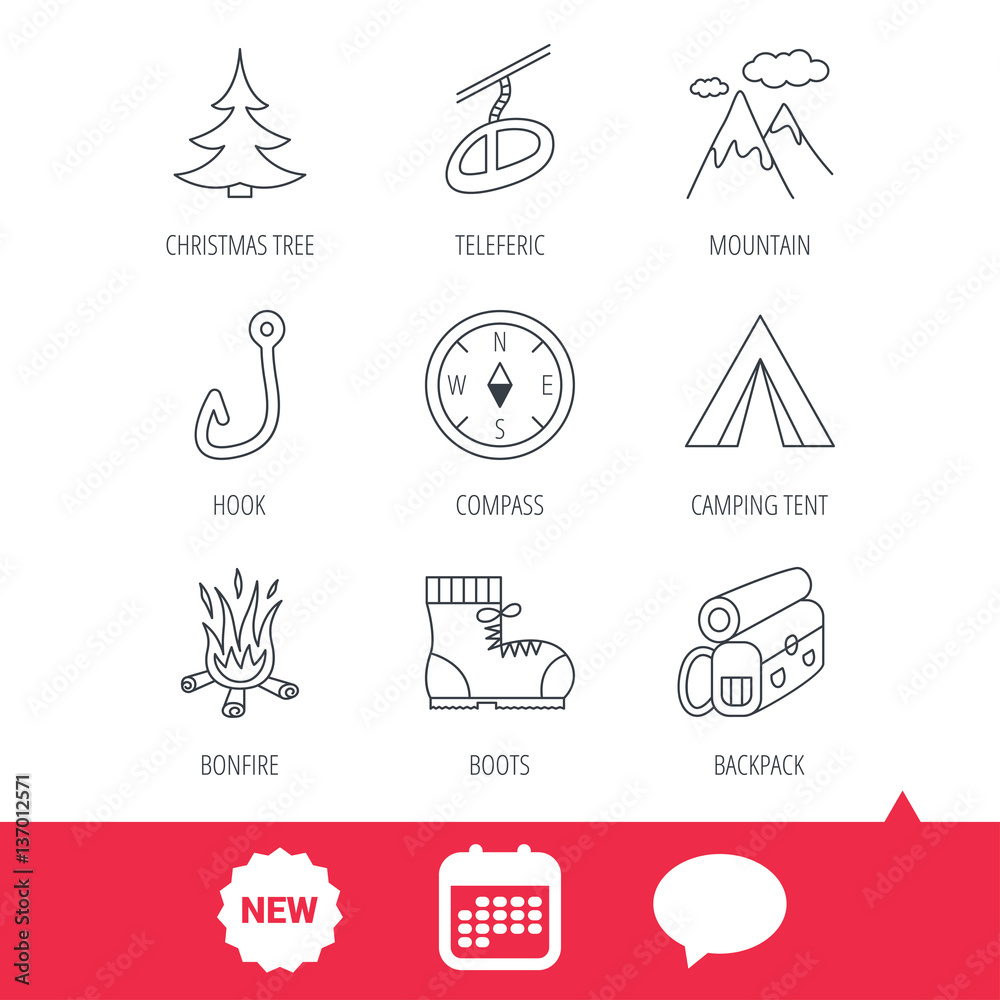 Mountain, fishing hook and hiking boots icons. Compass, backpack and bonfire linear signs. Camping tent, teleferic and christmas tree icons. New tag, speech bubble and calendar web icons. Vector Mountain, fishing hook and hiking boots icons. Compass, backpack and bonfire linear signs. Camping tent, teleferic and christmas tree icons. New tag, speech bubble and calendar web icons. Vector