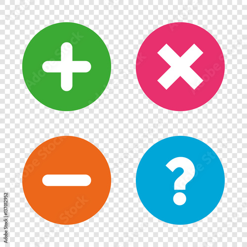 Plus and minus icons. Question FAQ symbol.