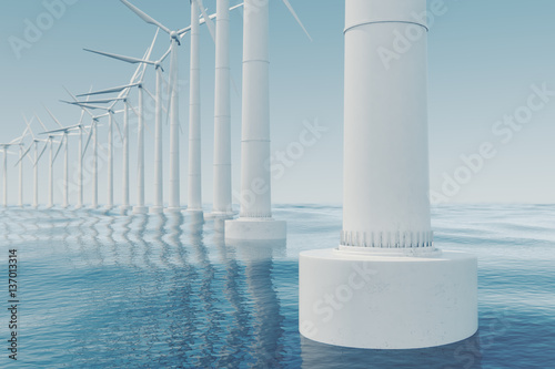 Beautiful the wind turbines in sea, ocean. Clean energy, wind energy, ecological concept. 3d rendering © rost9