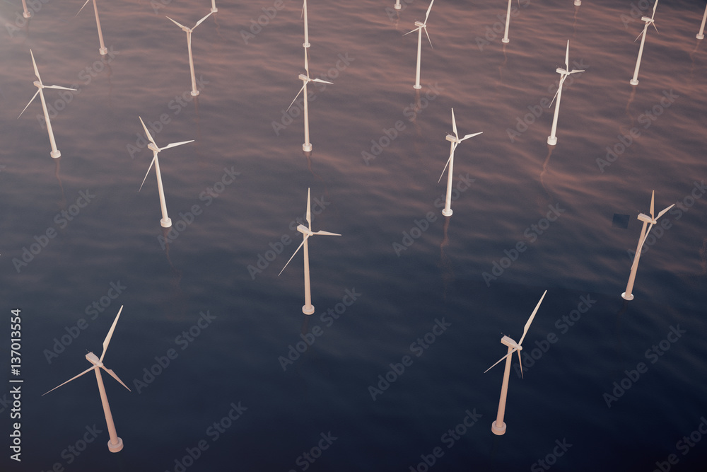 Offshore wind farm turbines caught in sunset sky. Beautiful contrast with the blue sea. ecological concept. 3d rendering Offshore wind farm turbines caught in sunset sky. Beautiful contrast with the blue sea. ecological concept. 3d rendering