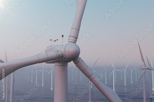 Beautiful sunset wind turbines in sea, ocean. Clean energy, wind energy, ecological concept. 3d rendering