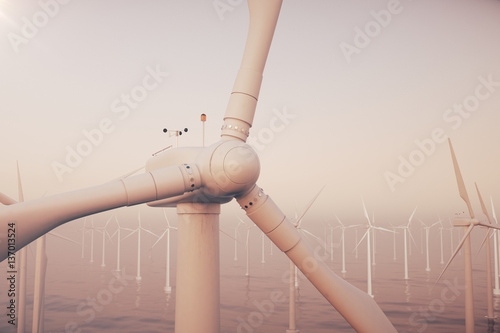 Beautiful sunset above the wind turbines in sea, ocean. Clean energy, wind energy, ecological concept. 3d rendering