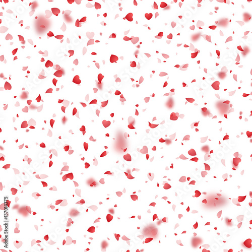 Valentines Day background of red hearts petals falling on white background. Symbol of love for the label gift packages. Flower petal in shape of heart confetti. Decor pink element for greeting cards.
