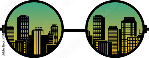 Vector illustration of a pair of green glasses with buildings through the lenses