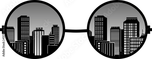 Vector illustration of a pair of greyscale glasses with buildings through the lenses