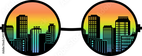 Vector illustration of a pair of rainbow glasses with buildings through the lenses