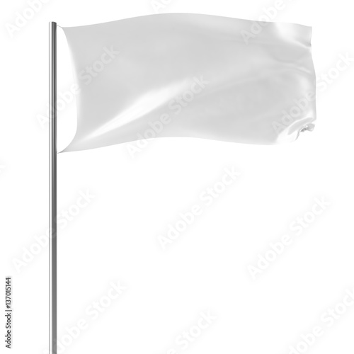 White flag on flagpole flying in the wind empty mock-up, flag isolated on white background. Blank Mock-up for your design projects. 3d rendering photo