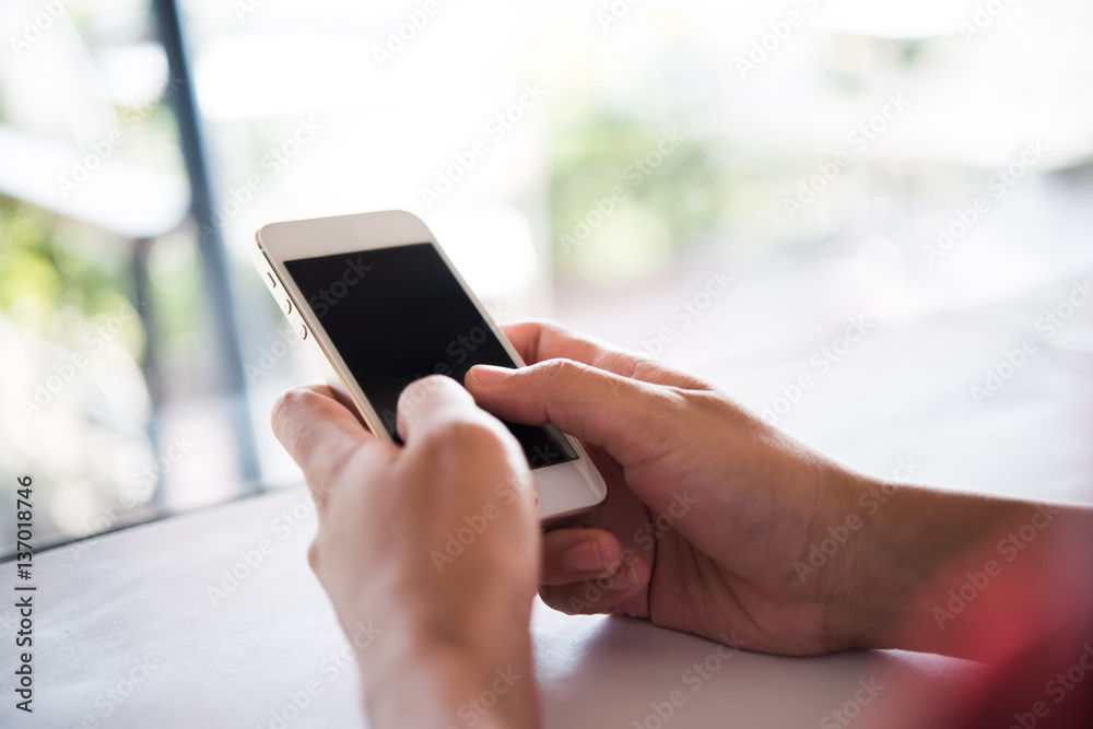 Close up of woman's hands holding cell phone with blank copy space.
