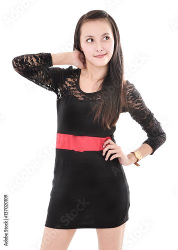 beautiful woman model posing in elegant dress, isolated on white background