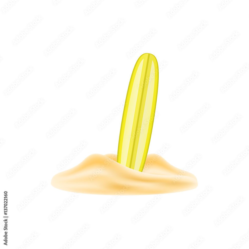 Vintage surf board in yellow design standing in sand