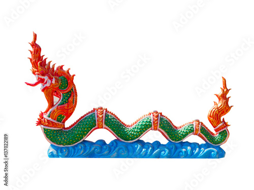 Serpent king or king of naga statue or Thai dragon in Thai temple isolated on white background
