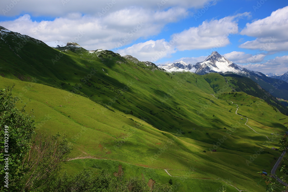 Mountain landscape with green meadows and sunshine