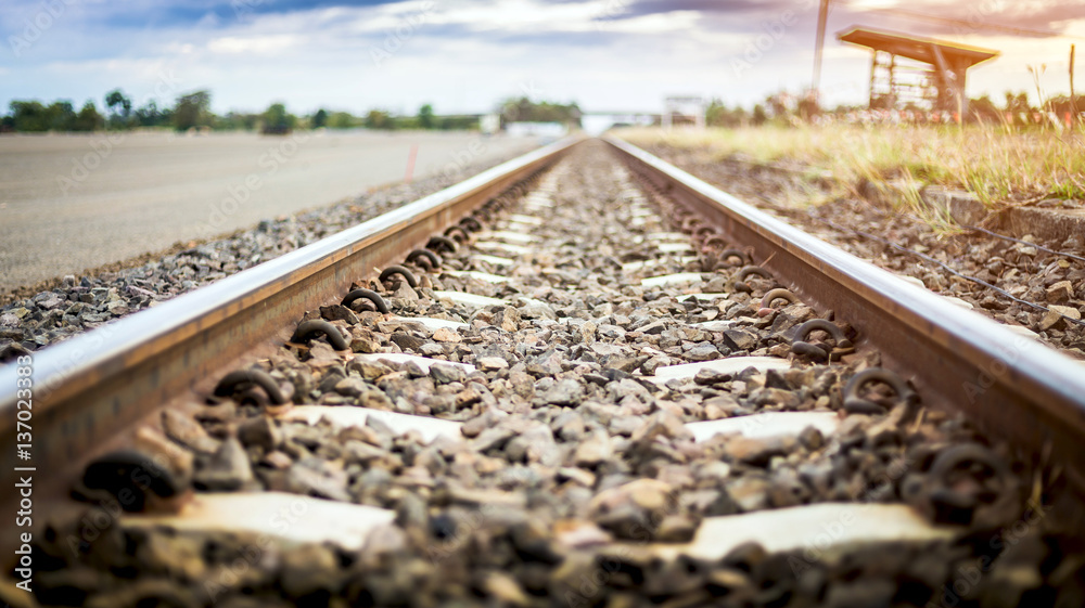 Life is a journey as a thought. Image of an empty railroad taken from low point of view. Also image has a vintage effect.