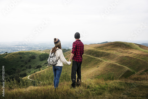 People Rear View Top Mountain Carefree Togetherness Concept