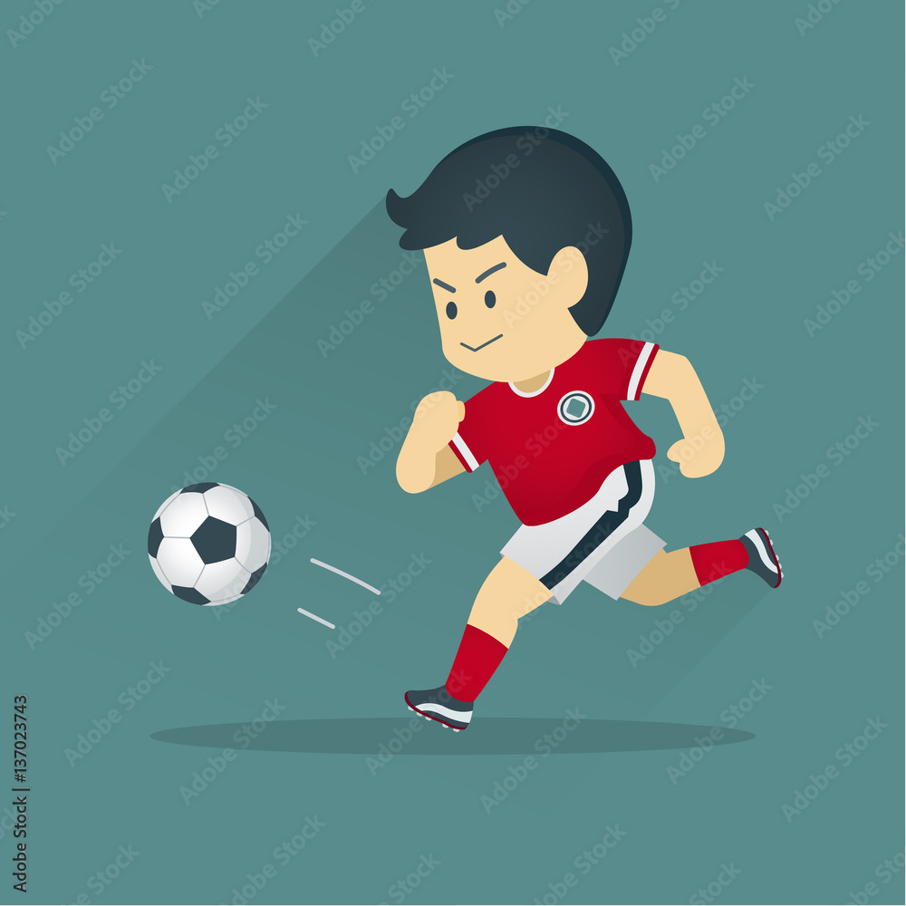 Football player kicking a ball, the boy playing soccer, vector illustration.