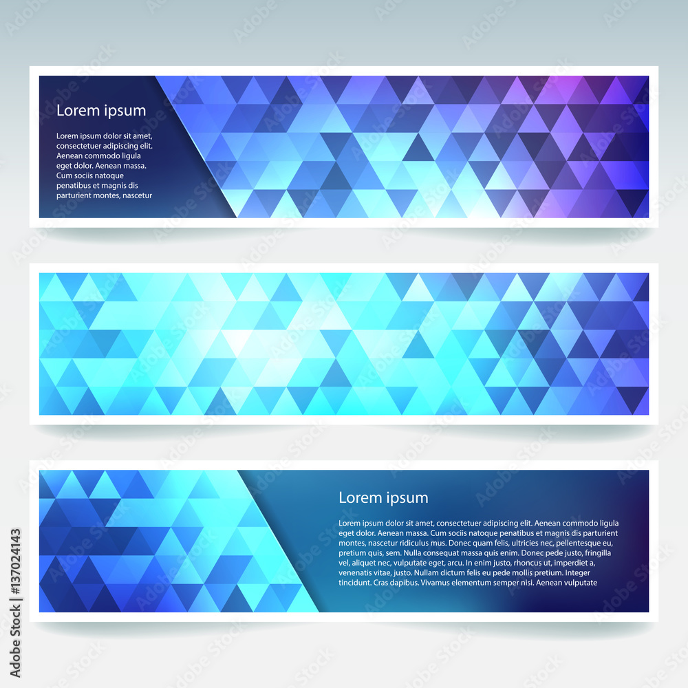 Set of banner templates with abstract background. Modern vector banners with polygonal background. Blue, purple, violet colors.