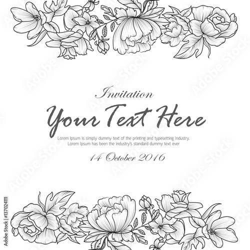 Hand draw flowers black and white invitation card design backgro