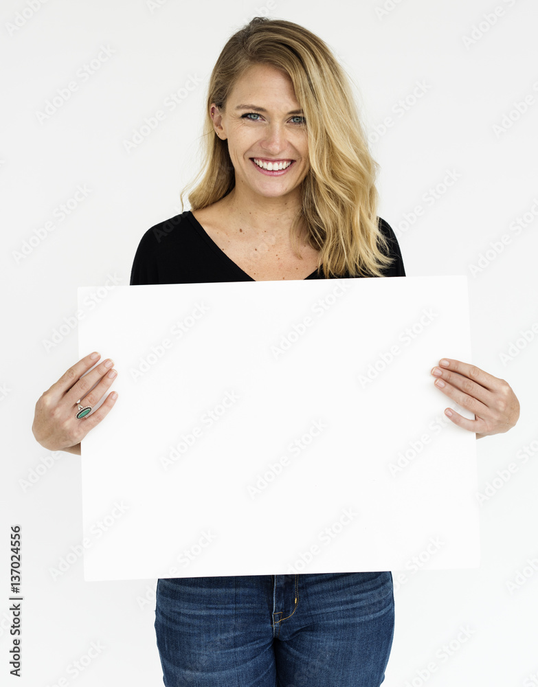 Female Holding White Blank Placard Concept Female Holding White Blank Placard Concept