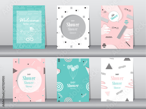 Set of baby shower card on memphis pattern of retro vintage 80s or 90s 