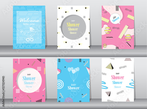 Set of baby shower card on memphis pattern of retro vintage 80s or 90s styl,poster,template,greeting,Vector illustrations