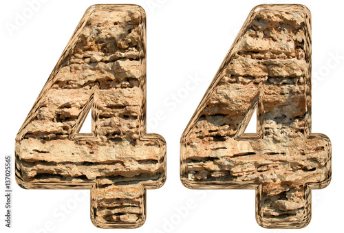 Numeral 44, forty four, isolated on white, natural limestone, 3d