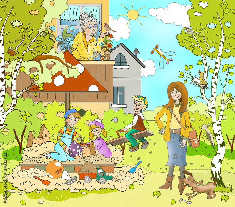 Fototapeta premium Figure warm spring, summer day in the yard. Sandpit, kids play in the sand, the boy goes for a drive on a swing, walk. Woman with dog, Grandma is watering the flowers. Children's book book 