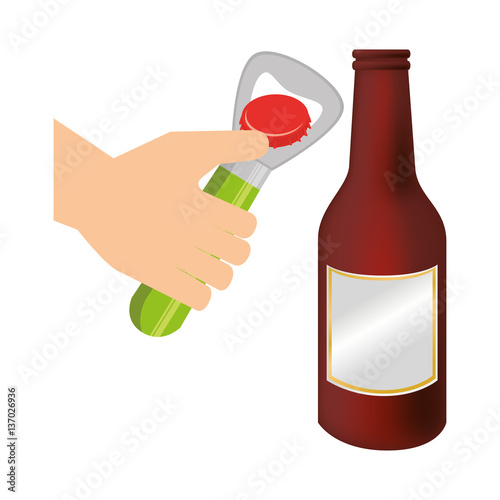 bottle opener utensil kitchen with beer bottle glass vector illustration